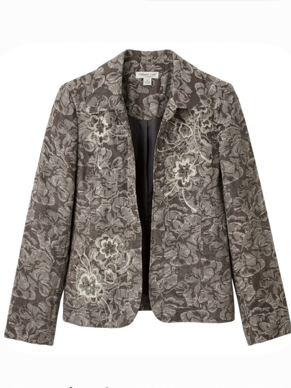 COLDWATER CREEK Open Front Textured Brocade-like Blazer, Women’s M, Gray Tones